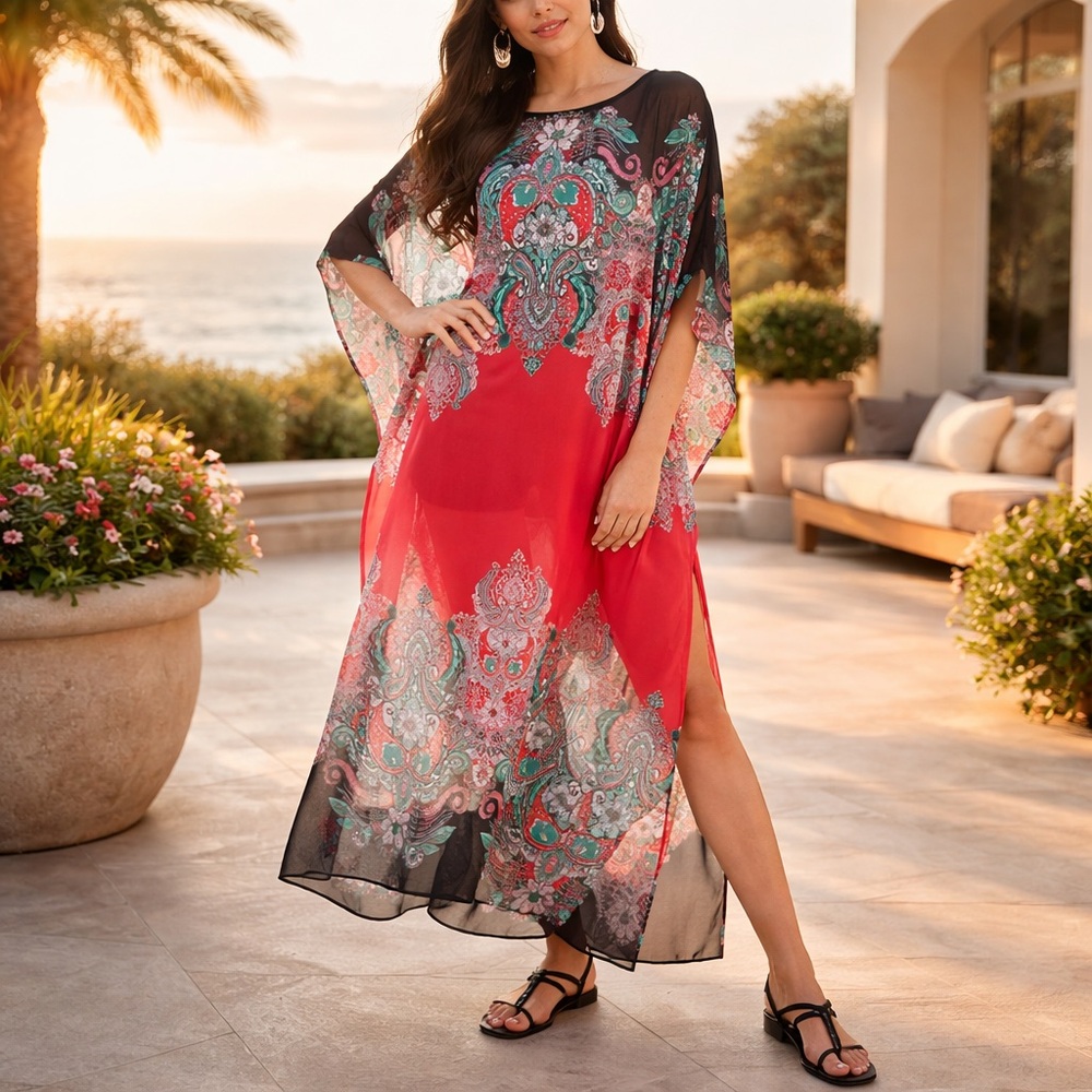 NWT NEW YORK & CO Euphoria Paisley Maxi Caftan Boho Topper One Size Fits All